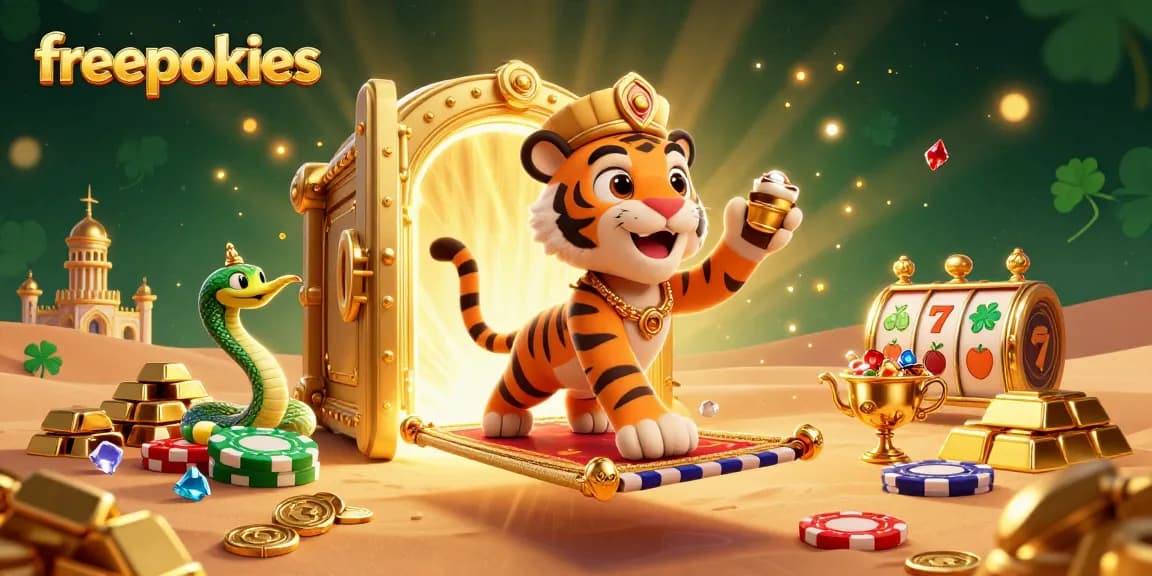 Experience the excitement of freepokies with a magical 3D casino scene featuring a tiger sultan and treasures of the desert.
