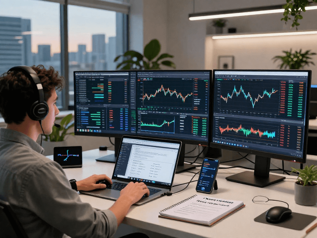 Entusiasta del trading utilizando Immediate Edge en pantalla múltiple en un entorno moderno