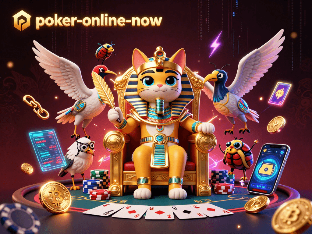 Join the action at poker-online-now with a 3D scene featuring a royal Egyptian cat and poker elements.