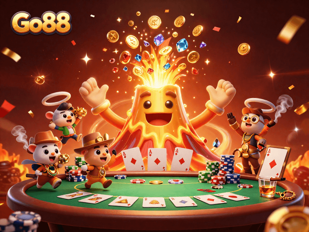 Engage with Go88's thrilling casino adventure featuring a volcano erupting treasures and poker elements.