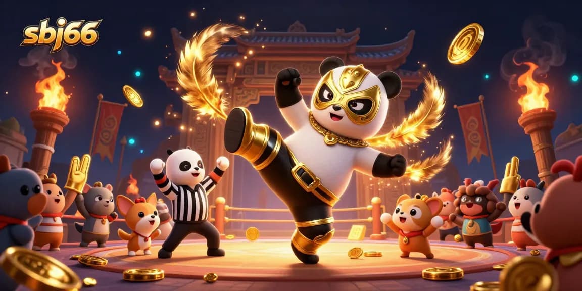 Engage in thrilling action at sbj66 with dynamic cartoon wrestling, surrounded by vibrant casino elements.