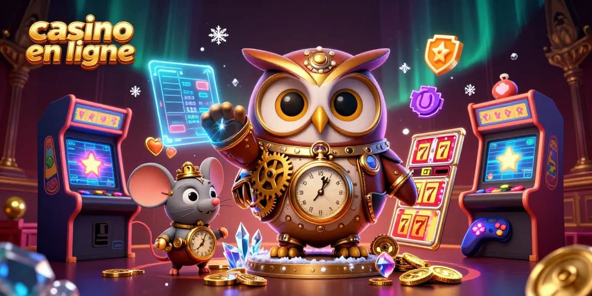 Gagnez au casino en ligne avec un hibou steampunk et une souris, entourés d'éléments de jeu