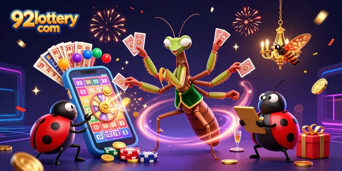 Engage with 92lottery com as colorful lottery balls and vibrant casino elements come alive in a celebratory scene.