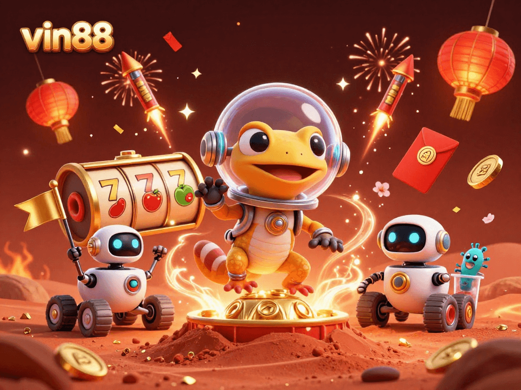 Experience vin88 with a 3D Martian gecko exploring a golden casino under Mars' sands.