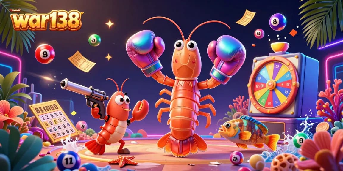 Experience the excitement of war138 with a dynamic illustration of vibrant lottery game elements and lively characters.