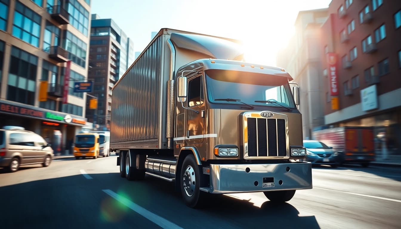 Hauling truck actively transporting goods in a busy urban environment.