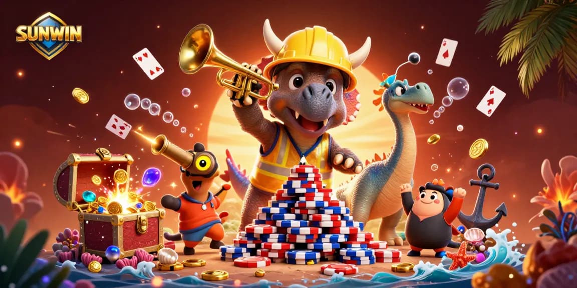SUNWIN casino scene featuring cartoon dinosaurs building poker chip pyramid and celebrating