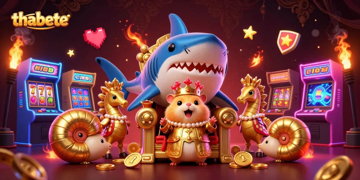 Engage with thabete's casino adventure featuring a golden hamster king and vibrant arcade games.