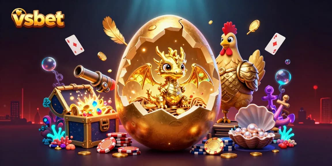 Place bets with VSBET and discover a golden dragon guarding poker chips in an exciting casino setting.
