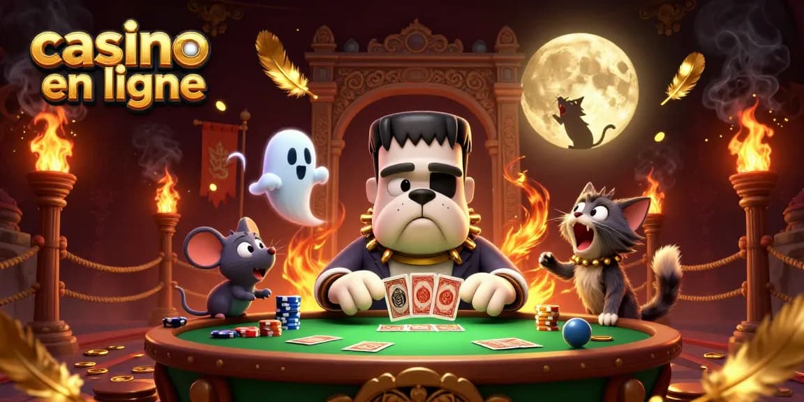 Le bulldog Frankenstein joue aux cartes dans un casino en ligne avec un petit fantôme.