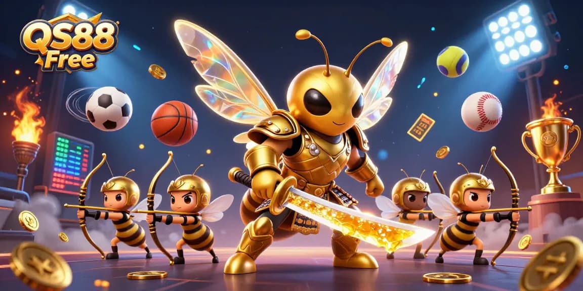 Experience excitement with QS88 Free's dynamic gaming scene featuring sports elements and a heroic samurai hornet.