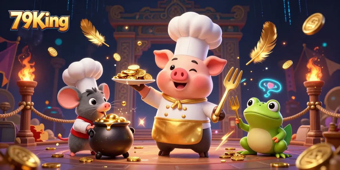Experience the excitement of 79King with a cartoon chef pig serving gold coins, enhancing your gaming adventure.