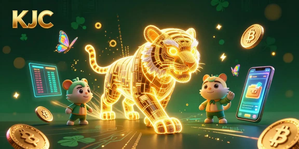 Experience KJC's digital casino with a stunning golden tiger amidst crypto elements.