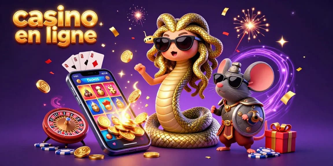 Jouez au casino en ligne avec Medusa et un guerrier souris au milieu de jeux de casino scintillants.