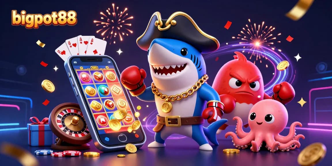 Join the fun at bigpot88 with characters celebrating a lively casino scene!