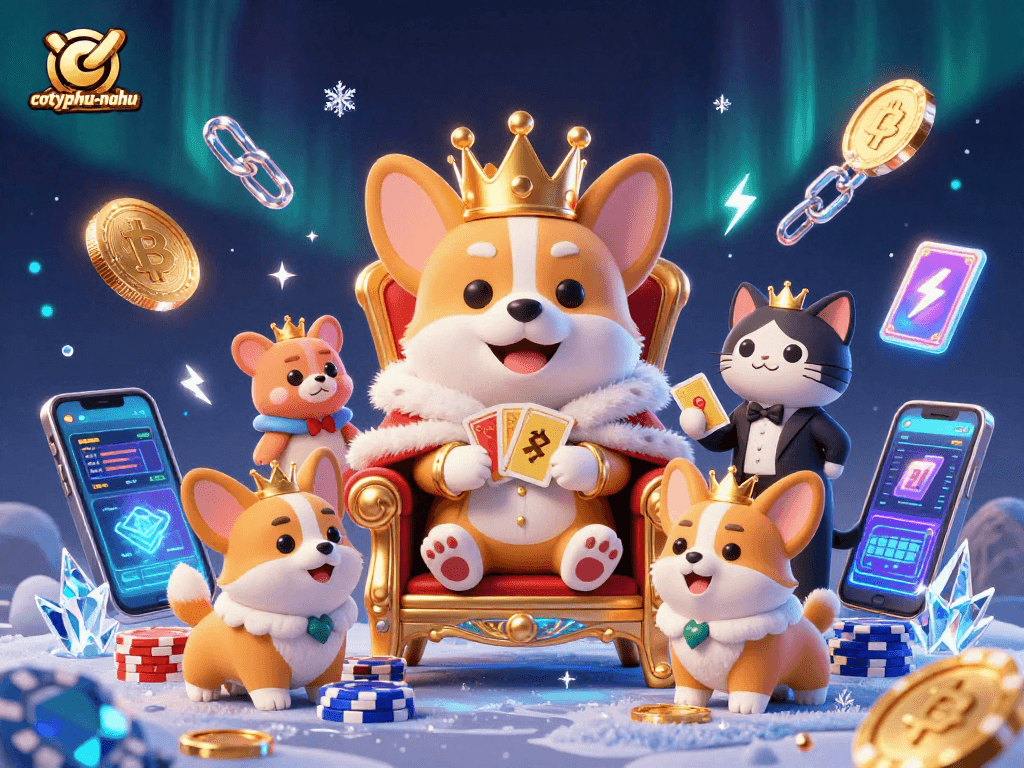 Engage in cotyphu-nohu with a royal corgi champion amidst dazzling digital casino elements.