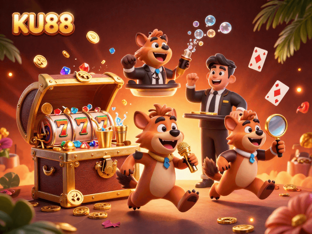 Interact with exciting games at KU88's vibrant casino scene featuring hyenas and slot elements.