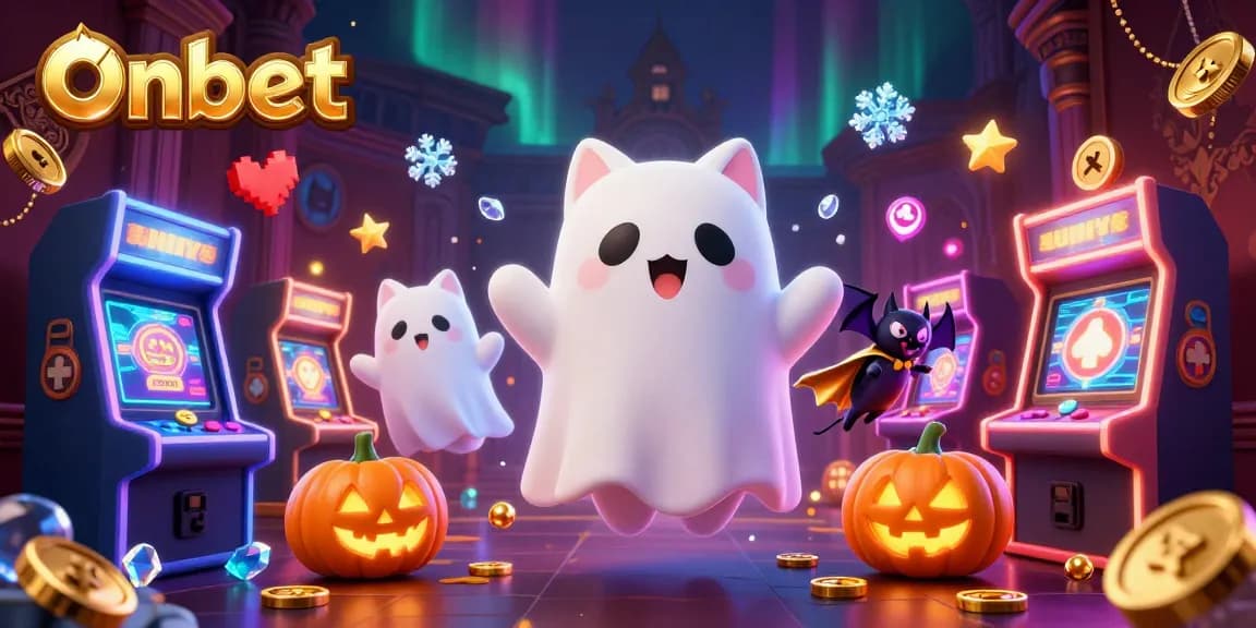 Experience thrilling gameplay at Onbet with a magical ghost cat and a vampire bat amidst vibrant casino elements.