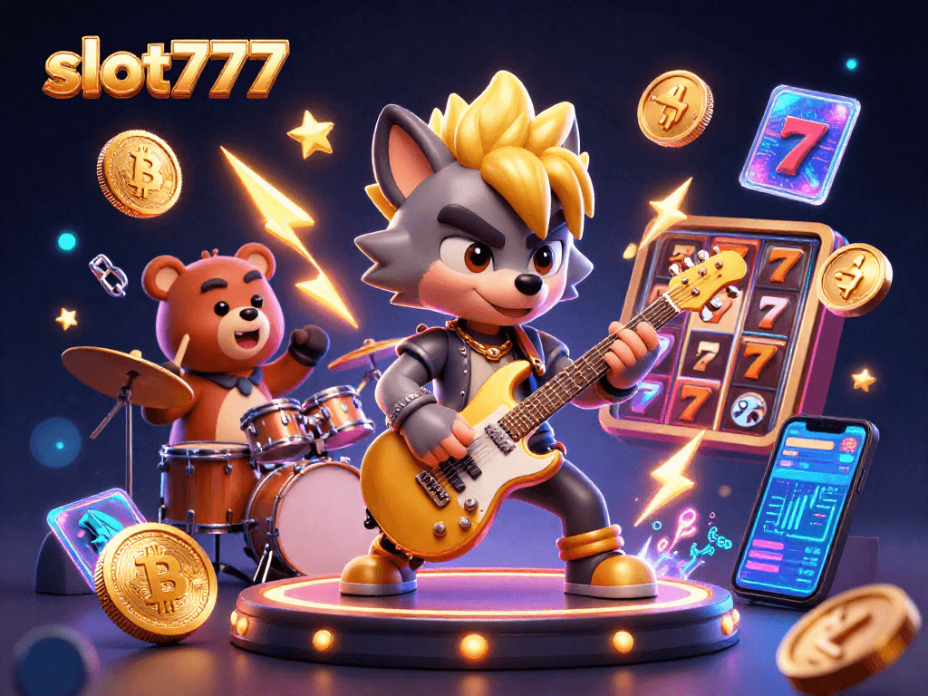 Play slot777 to win big with electric music and vibrant winnings in a lively casino scene.
