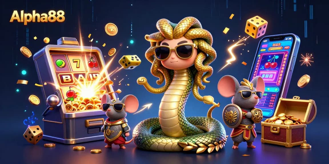 Engage in thrilling gameplay at Alpha88 with a vibrant 3D casino scene showcasing Medusa, a warrior mouse, and exciting game elements.
