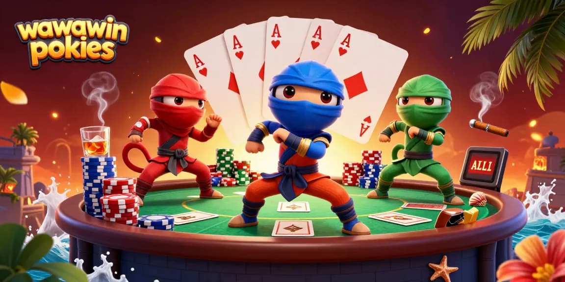 Experience wawawin pokies excitement; 3D cartoon chameleons in action amidst vibrant poker scene