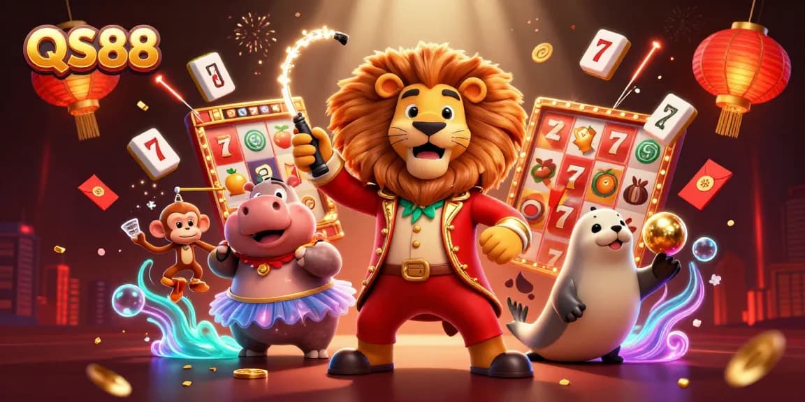 Experience the excitement of QS88 casino with vibrant characters and dynamic game elements in a colorful 3D scene.