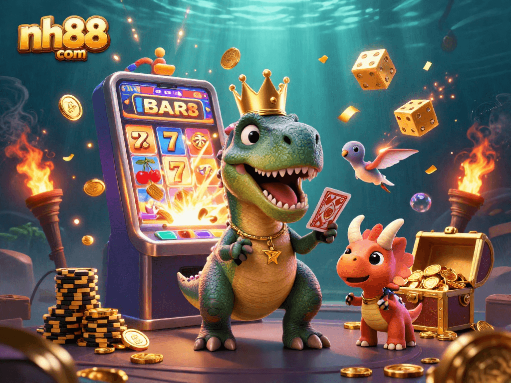 Engage with the vibrant world of nh88 com as a T-Rex, pterodactyl, and baby triceratops showcase thrilling casino excitement.