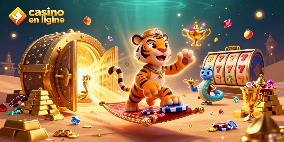 Plongez dans l'univers du casino en ligne avec cette illustration captivante mettant en scène un sultan tiger, des trésors et des jeux.