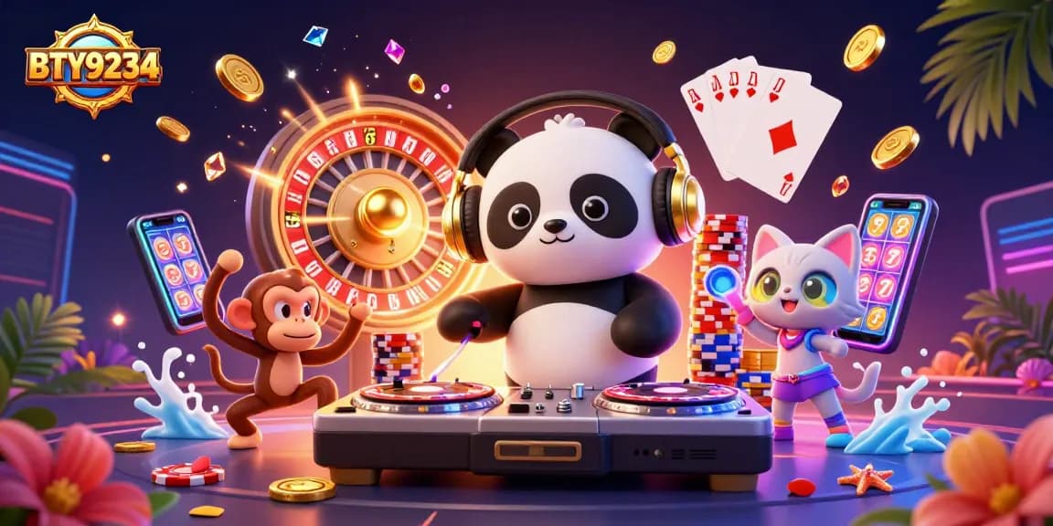 Experience the vibrant energy of BTY9234 with a DJ panda, dancing monkey, and glowing kitten.