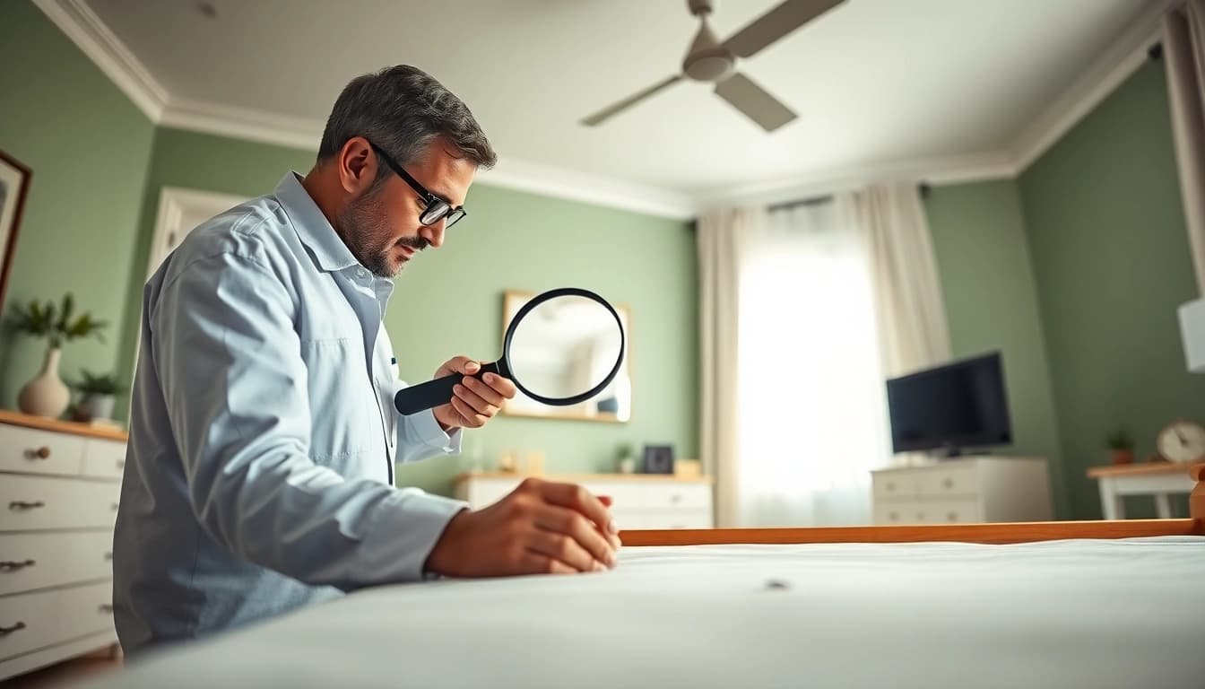 Experience effective bed bug removal with a professional technician inspects a bedroom.