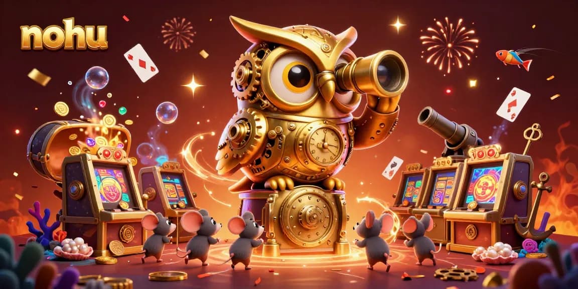 Nohu delights with a packed 3D casino scene featuring an owl and wind-up mice among golden treasure.