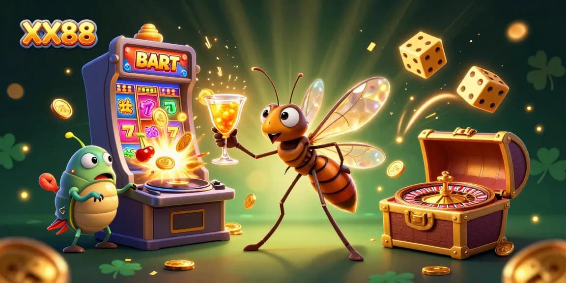 Experience the excitement of XX88 with a vibrant casino scene featuring animated characters and thrilling game elements.