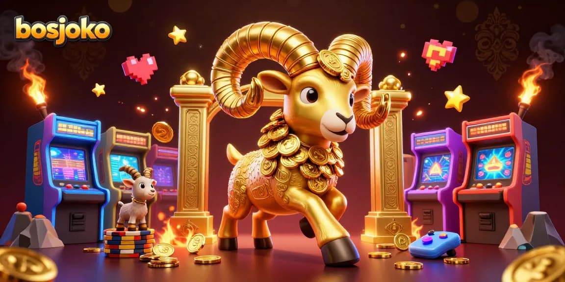 Menangkan hadiah besar di bosjoko dengan ram emas berlari ke arah gawang keemasan yang dikelilingi permainan arcade.