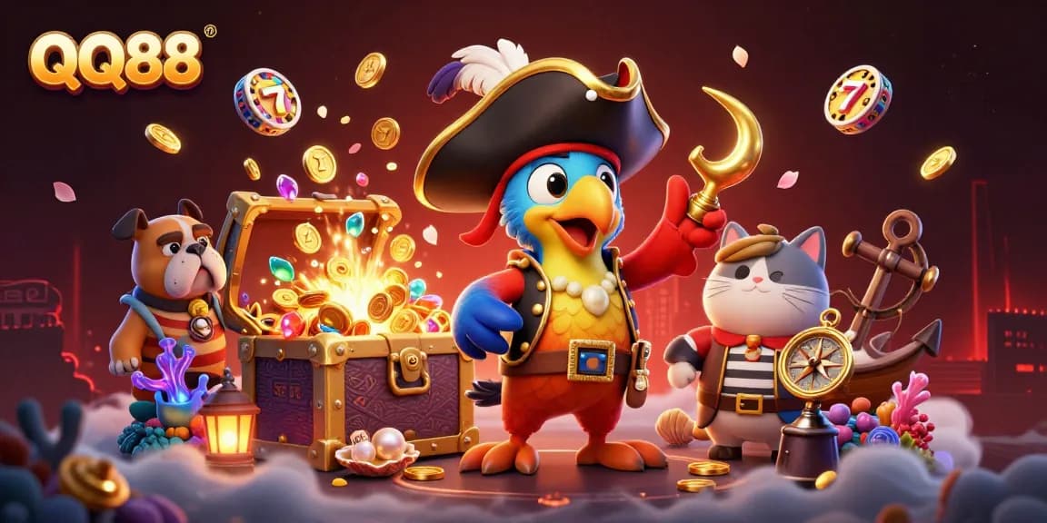 Engage in excitement with QQ88 as a pirate captain commands treasure amidst vibrant casino elements.