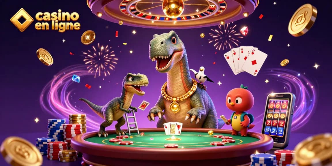 Jouer au casino en ligne avec une illustration de dinosaures et des jetons scintillants.