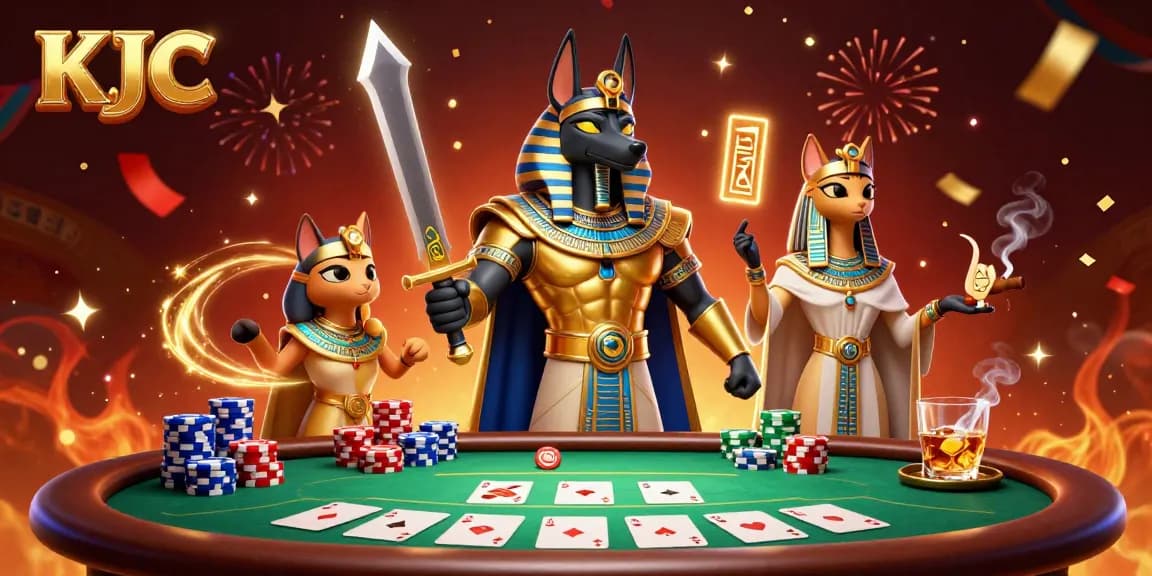 Engage with KJC's vibrant poker scene featuring an ancient Egyptian warrior Anubis and a priestess, celebrating winnings.
