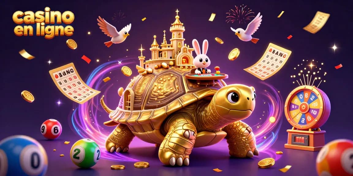 Jouez et gagnez sur un casino en ligne animé, avec une tortue dorée et des éléments festifs.
