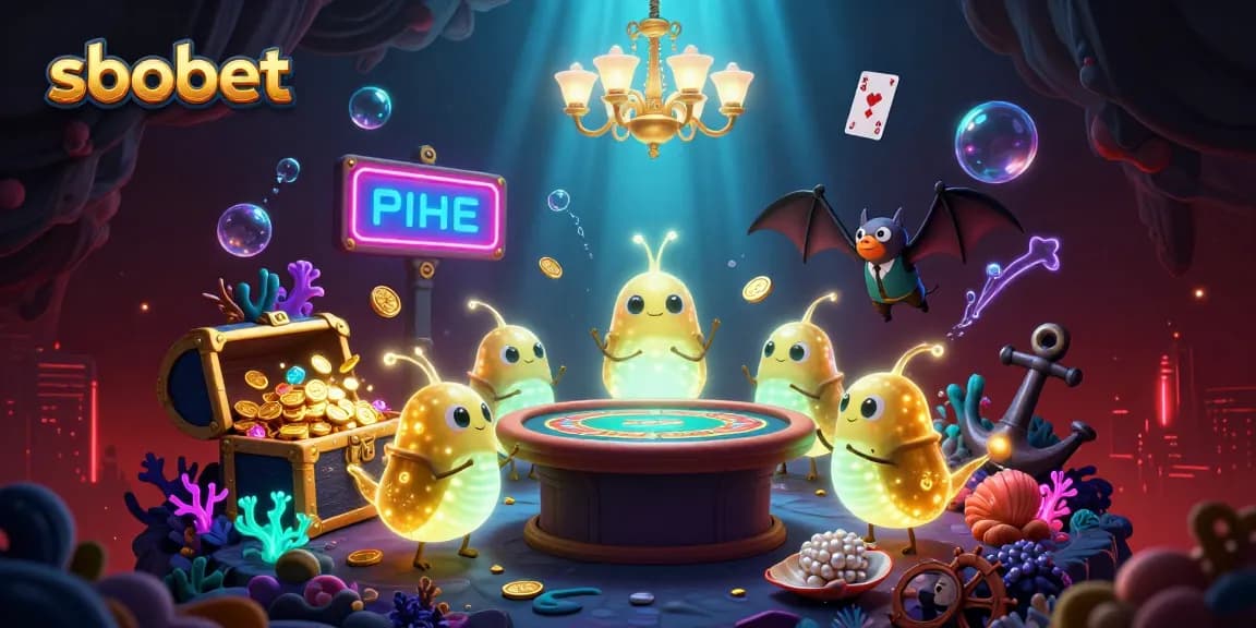 Experience sbobet action with a vibrant underwater casino scene hosted by glowworms and a bat dealer.