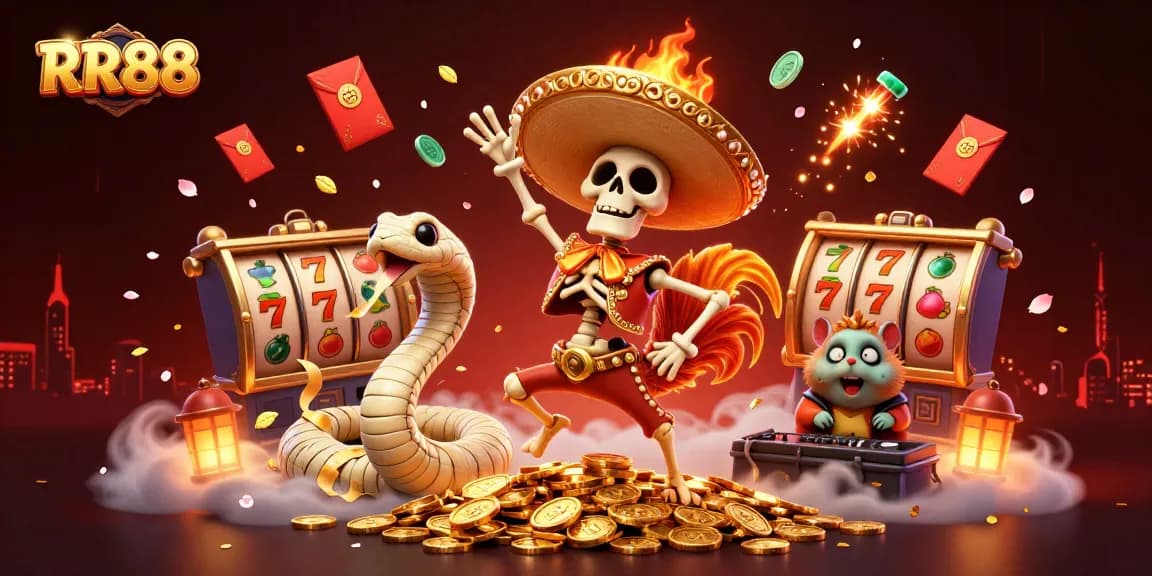RR88 casino scene showcasing a vibrant victory dance amidst animated slot reels and festive elements