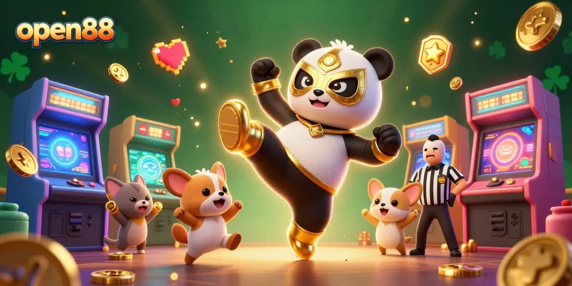 Experience thrilling gameplay at open88 with a panda wrestler and vibrant casino elements.