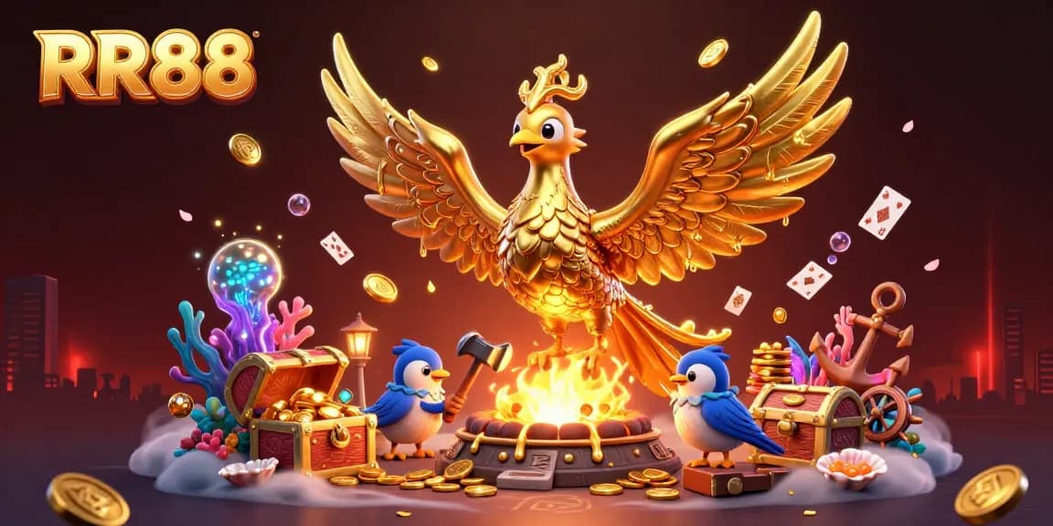 RR88 invites players to revel in golden wins with a majestic phoenix and vibrant gambling elements.