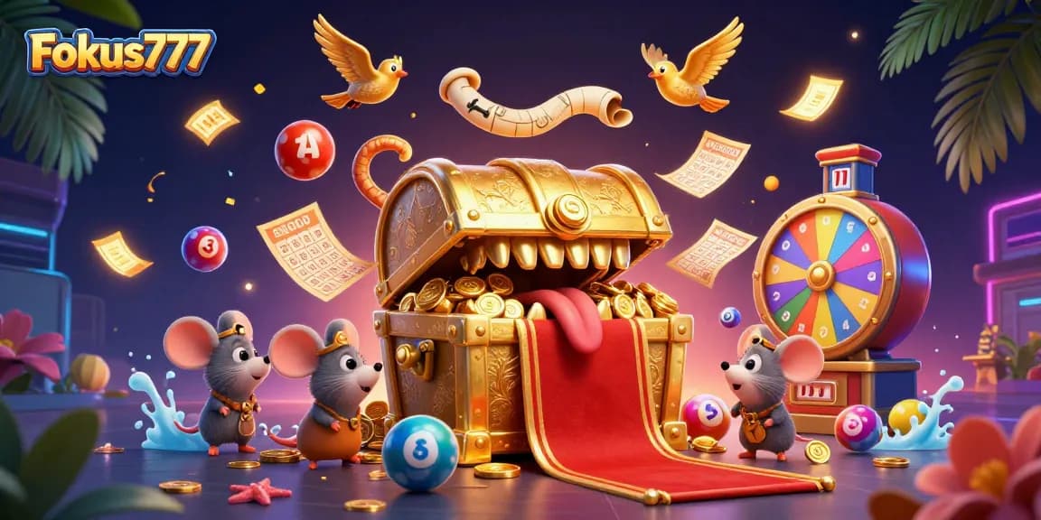 Engage with Fokus777 for exciting lottery adventures surrounded by colorful elements.