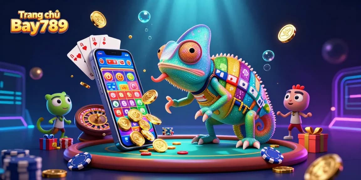 Experience gaming excitement on Trang chủ Bay789 with vibrant 3D casino elements and dynamic characters.