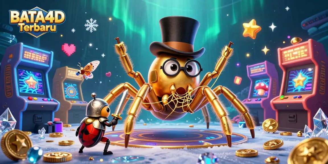BATA4D Terbaru showcases a whimsical scene with a giant tarantula and beetle knight in a vibrant casino environment.