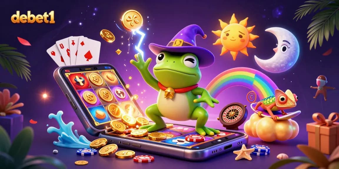 Experience the magic of debet1 with a dynamic scene of casino characters and vibrant game elements.