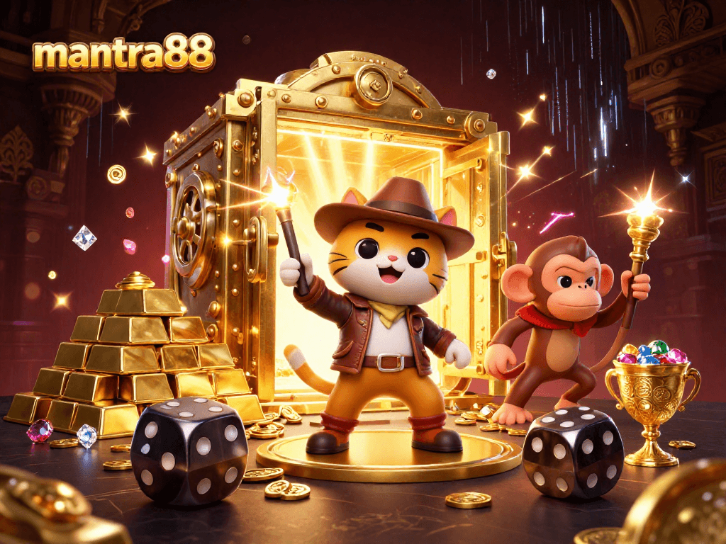 Engage with mantra88's thrilling casino adventure illustrated by a cat explorer and a monkey, discovering treasures.