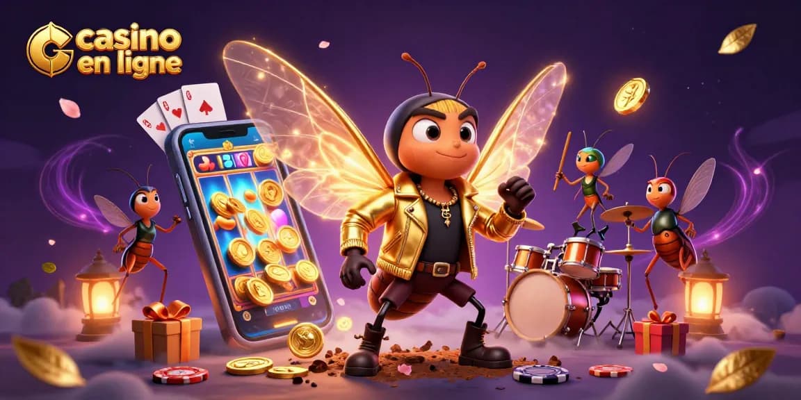 Jouez sur casino en ligne avec une cigale rock star, des pièces d'or et des cartes à jouer