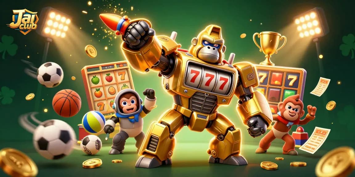 Join the Jai club in this explosive casino scene with a golden gorilla mech and dynamic sports elements.
