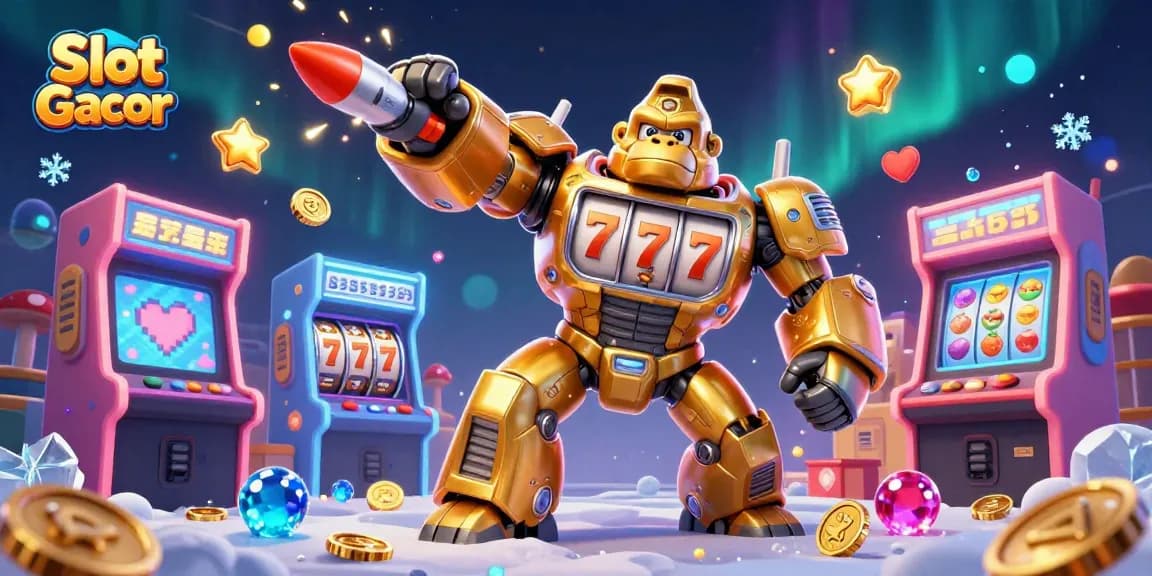 Slot Gacor dalam ilustrasi yang menampilkan gorila emas yang kuat dengan bagian mesin slot dan simbol buah serta jackpot.