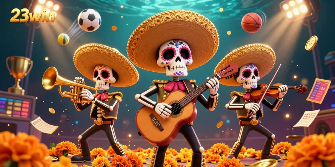 Engage with 23win’s vibrant casino scene featuring a Day of the Dead mariachi band surrounded by sports elements.